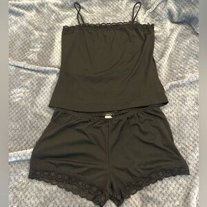 Good Condition Black Lace Trim Tank Short Sleepwear Set